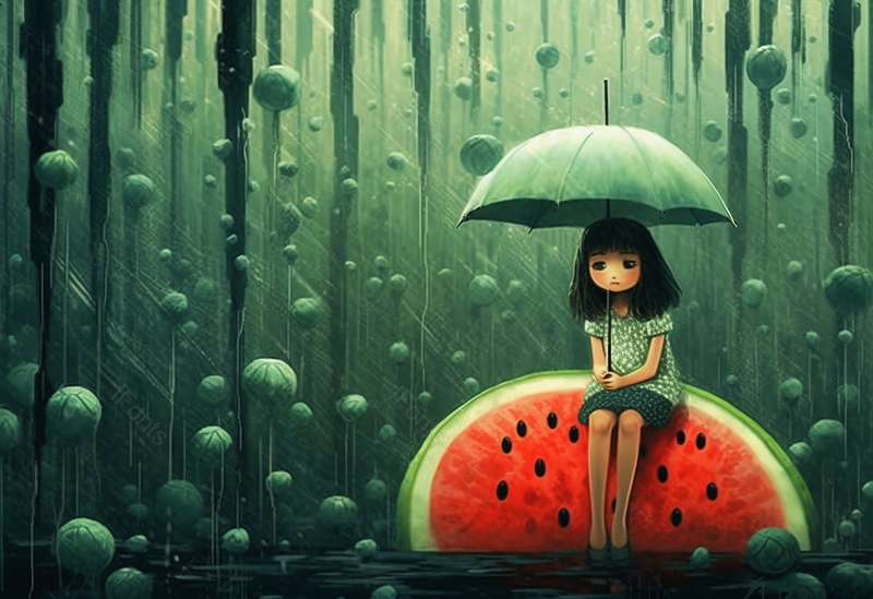 雨天夏天夏日撑伞女孩坐在巨型西瓜上沉思儿童节唯美插画,插画/手绘图,插画/手绘图库,插画/手绘图下载,插画/手绘